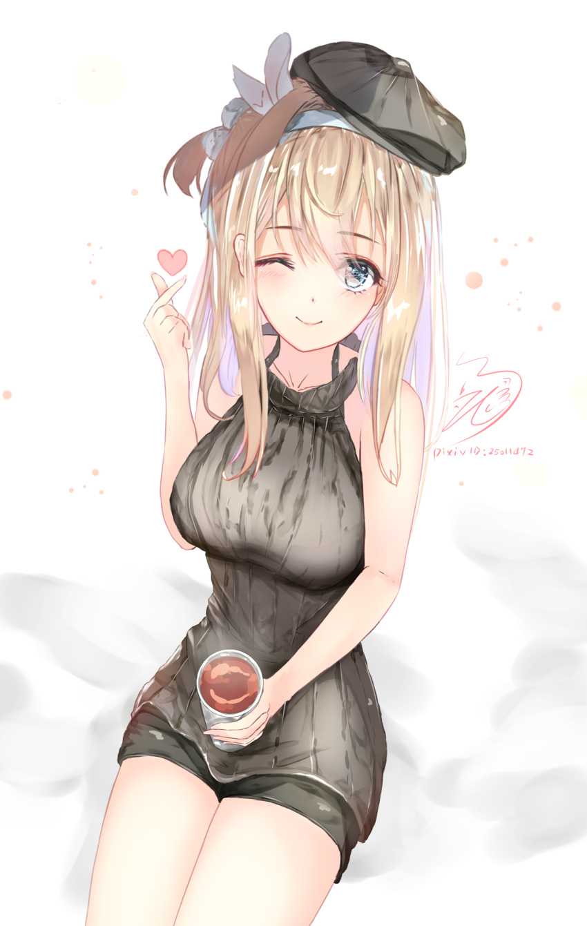 ;) bangs bare_arms bare_shoulders beret black_hat black_sweater blonde_hair blue_eyes blue_hairband blush breasts closed_mouth commentary_request cup drink eyebrows_visible_through_hair girls_frontline hair_between_eyes hairband hand_up hat heart highres holding holding_cup large_breasts long_hair one_eye_closed one_side_up pixiv_id ribbed_sweater signature sleeveless smile solo steam suomi_kp31_(girls_frontline) sweater teratsuki tilted_headwear white_background