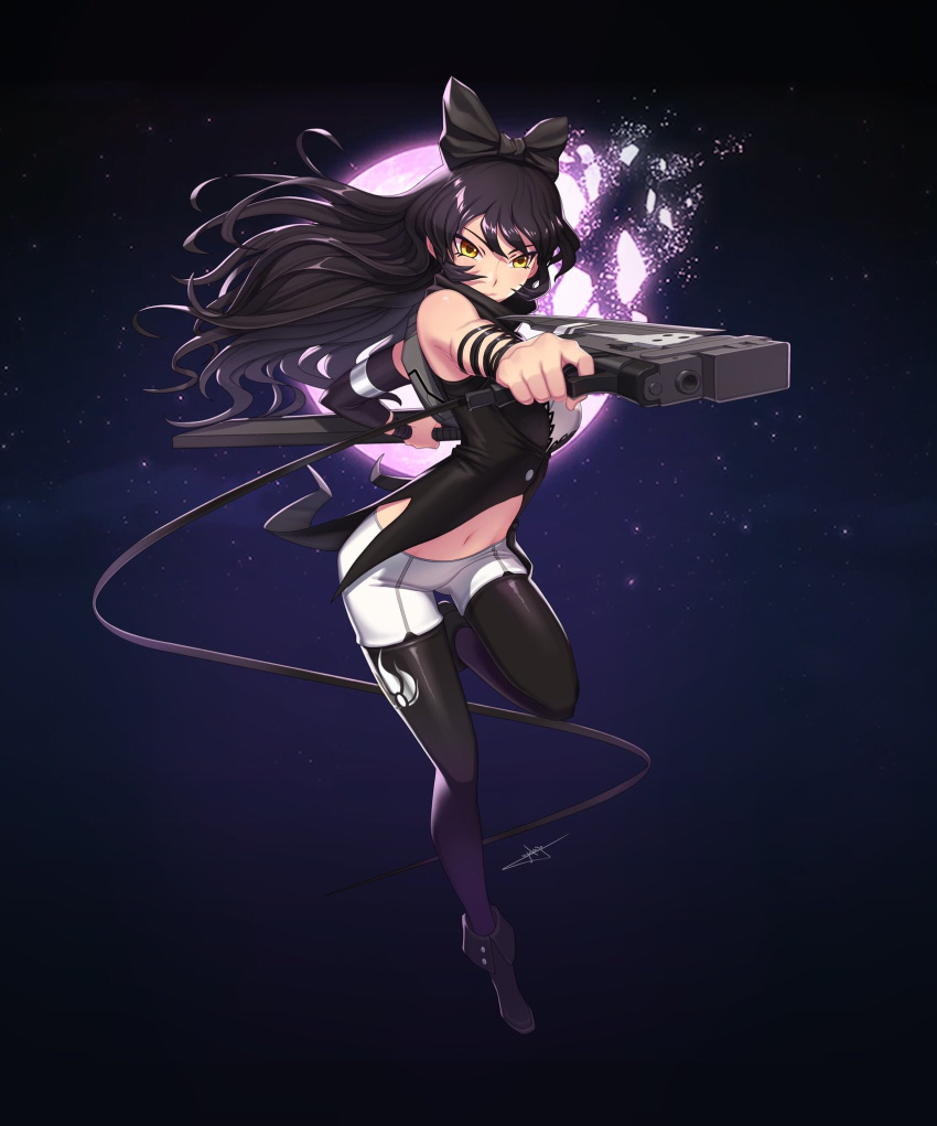 asymmetrical_sleeves black_bow black_footwear black_hair black_legwear black_sleeves blake_belladonna boots bow detached_sleeves floating_hair full_body gun hair_bow highres holding holding_gun holding_weapon leg_up long_hair long_sleeves midriff navel pantyhose pantyhose_under_shorts rwby shiny shiny_hair short_shorts shorts single_sleeve solo standing standing_on_one_leg stomach uyalago very_long_hair weapon white_shorts yellow_eyes
