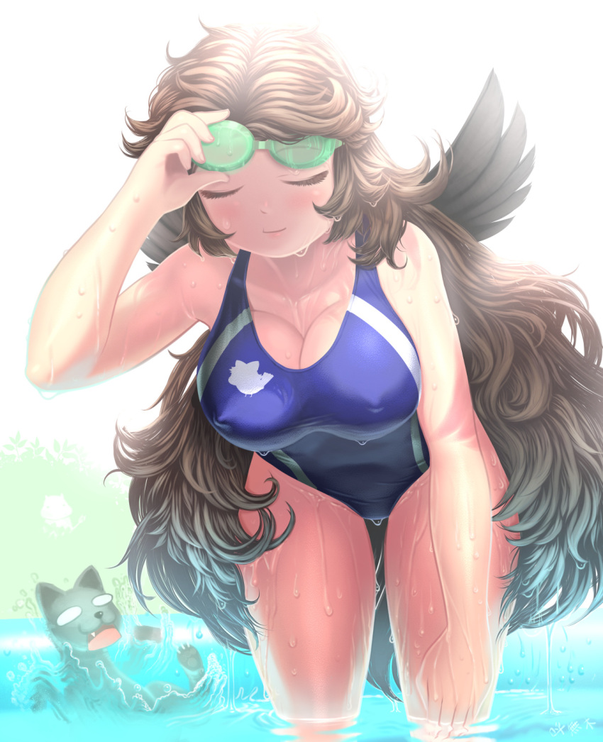 backlighting bare_arms bare_legs bare_shoulders blank_eyes blue_swimsuit breasts brown_hair cat cleavage closed_eyes closed_mouth collarbone commentary_request competition_swimsuit covered_nipples cowboy_shot day dripping eyelashes fang goggles goggles_on_head hand_on_goggles hand_on_own_knee hand_up highres leaning_forward long_hair looking_at_another medium_breasts one-piece_swimsuit open_mouth outdoors reiuji_utsuho sidelocks smile solo_focus standing swimsuit touhou very_long_hair wading water wet wet_clothes wet_face wet_hair wet_swimsuit yonaki