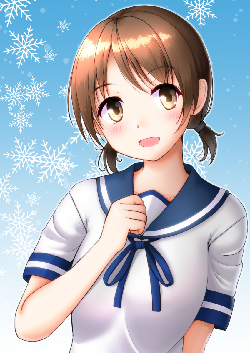 :d bangs blue_background blue_neckwear blue_ribbon blue_sailor_collar blush brown_eyes brown_hair collarbone commentary_request eyebrows_visible_through_hair gradient gradient_background hair_tie hand_up head_tilt highres kantai_collection kazuki_ena looking_to_the_side low_twintails neck_ribbon open_mouth ribbon sailor_collar school_uniform serafuku shirayuki_(kantai_collection) short_sleeves short_twintails smile snowflake_background solo swept_bangs twintails upper_body