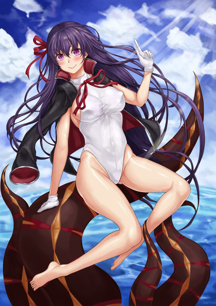 barefoot bb_(fate)_(all) bb_(swimsuit_mooncancer)_(fate) blue_sky cloud day fate/grand_order fate_(series) gloves highleg highleg_leotard highres jacket_on_shoulders leotard long_hair looking_at_viewer outdoors purple_eyes purple_hair red_ribbon ribbon sky smile solo sum_ku tentacles very_long_hair white_gloves white_leotard