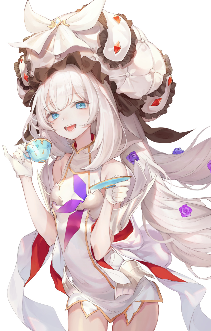 :d bangs bare_shoulders blue_eyes blush breasts cleavage commentary_request cowboy_shot cup dress eyebrows_visible_through_hair fate/grand_order fate_(series) flower gloves hat highres holding holding_cup holding_saucer hor long_hair looking_at_viewer marie_antoinette_(fate/grand_order) medium_breasts open_mouth pinky_out sidelocks silver_hair sleeveless smile solo twintails very_long_hair