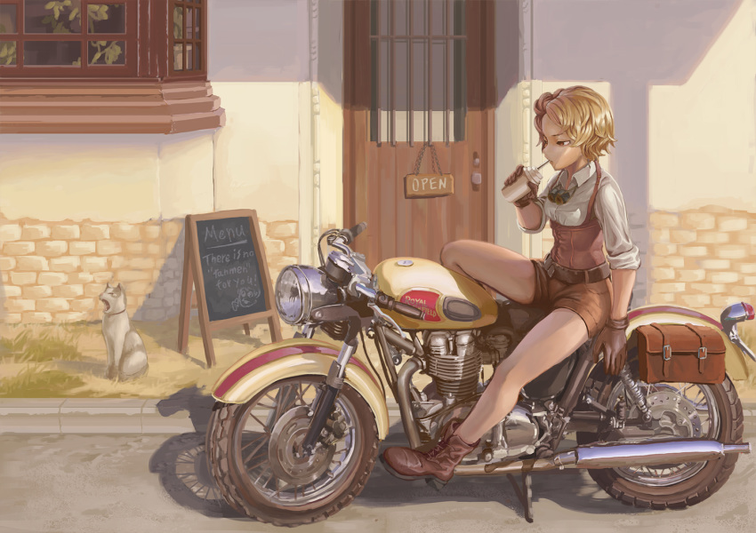 belt blonde_hair cat chalkboard_sign cup drinking drinking_straw gloves goggles goggles_around_neck ground_vehicle kty_(jarijarikun) motor_vehicle motorcycle open_sign original outdoors short_hair short_shorts shorts sitting solo steampunk yawning