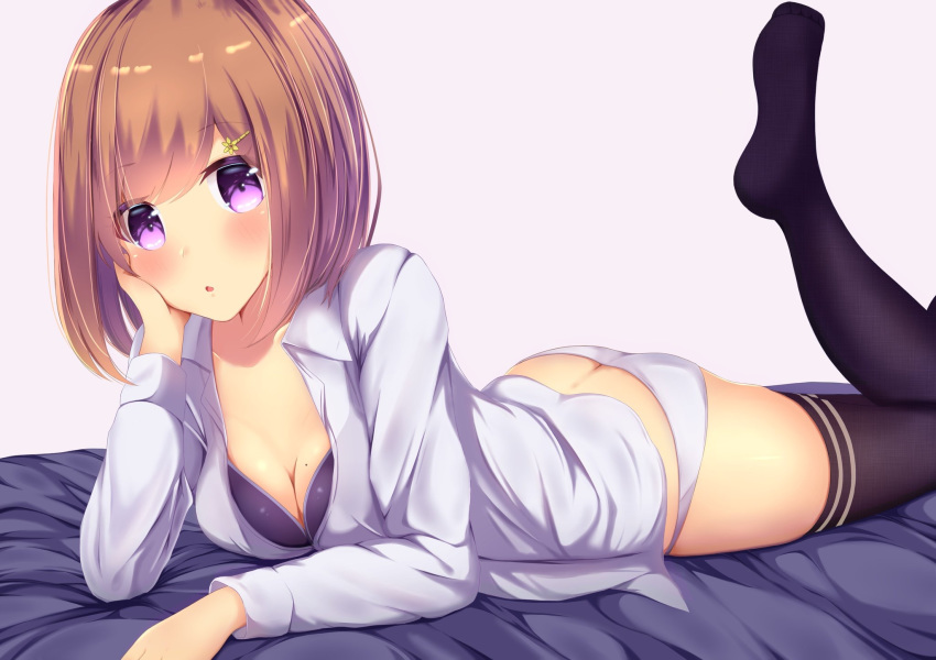 :o amane_1906 arm_support ass bangs bed_sheet black_bra black_legwear bra breasts brown_eyes brown_hair butt_crack chin_rest cleavage double_horizontal_stripe dress_shirt eyebrows_visible_through_hair grey_background hair_ornament hairclip highres leg_up legs light_blush long_sleeves looking_at_viewer lying medium_breasts medium_hair mole mole_on_breast no_pants on_bed on_stomach original panties parted_lips print_legwear shirt solo swept_bangs thighhighs thighs underwear white_panties white_shirt