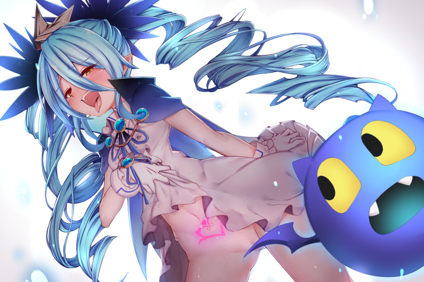 bangs bat_wings blackxxx blue_hair blush bombergirl cape commentary_request dress drill_hair gloves hair_between_eyes lewisia_aquablue lifted_by_self long_hair looking_at_viewer navel pointy_ears pubic_tattoo sleeveless tattoo tongue tongue_out twintails wings yellow_eyes