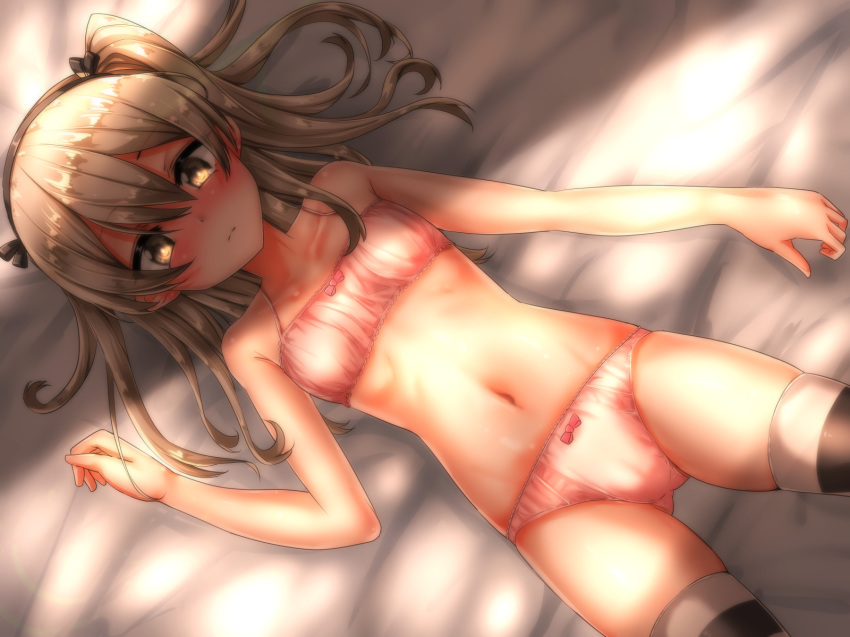 ass_visible_through_thighs bangs bed_sheet black_legwear black_ribbon blush bow bow_bra bow_panties bra breasts closed_mouth commentary eyebrows_visible_through_hair from_above frown girls_und_panzer hair_ribbon highres lace lace-trimmed_bra lace-trimmed_panties light_brown_eyes light_brown_hair long_hair looking_at_viewer lying navel on_back on_bed panties pink_bra pink_panties ribbon shimada_arisu side_ponytail skindentation small_breasts solo striped striped_legwear thighhighs touchuu_kasou training_bra underwear underwear_only