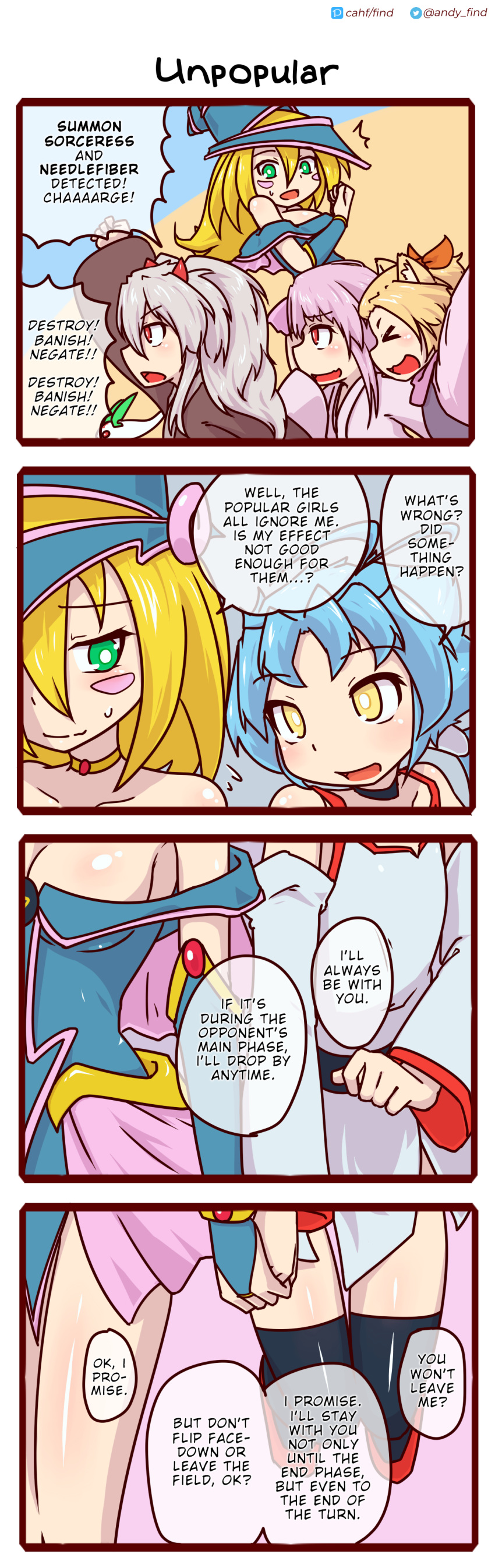 blonde_hair blue_hair breasts comic dark_magician_girl effect_veiler eyebrows eyes_closed green_eyes hat multiple_girls open_mouth red_eyes shoes text tied_hair yellow_eyes yu-gi-oh!