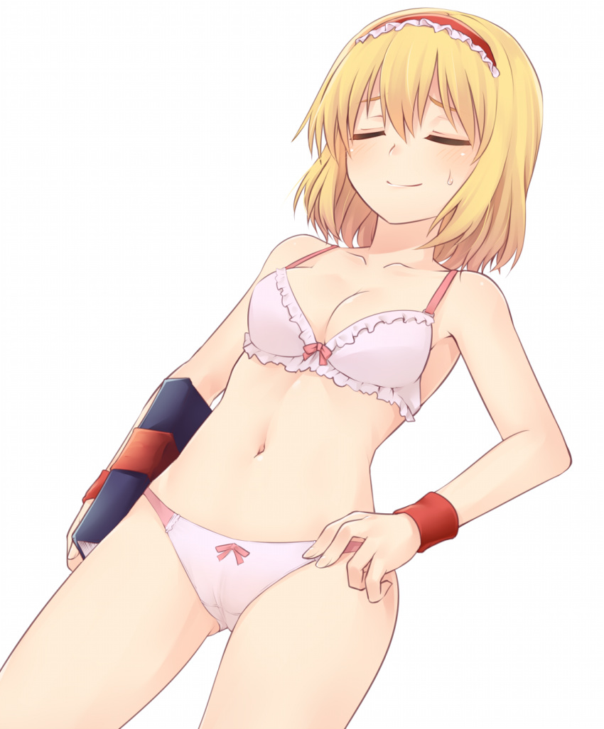 alice_margatroid ass_visible_through_thighs bangs bare_arms bare_shoulders blonde_hair blush book bow bow_bra bow_panties bra breasts cameltoe cleavage closed_eyes collarbone commentary_request cowboy_shot dutch_angle frilled_bra frilled_hairband frills grimoire_of_alice hair_between_eyes hairband highres holding holding_book lolita_hairband medium_breasts miyo_(ranthath) navel panties pink_bow pink_bra red_hairband short_hair simple_background smile solo standing stomach sweat thighs touhou underwear underwear_only white_background wristband