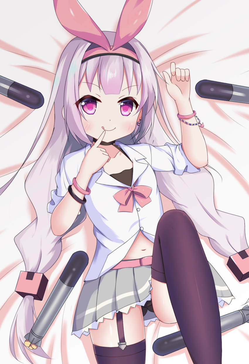 :q arm_up ass_visible_through_thighs azur_lane bangs bed_sheet black_panties blush bracelet brown_legwear closed_mouth commentary_request dress_shirt eyebrows_visible_through_hair garter_straps grey_skirt hair_cubes hair_ornament hair_ribbon hairband head_tilt highres hobby_(azur_lane) jewelry knee_up long_hair looking_at_viewer low_twintails lying navel on_back panties pink_hairband pink_ribbon pleated_skirt purple_eyes ribbon school_uniform shirt silver_hair skirt smile solo thighhighs tongue tongue_out torpedo twintails underwear very_long_hair white_shirt xiaosamiao