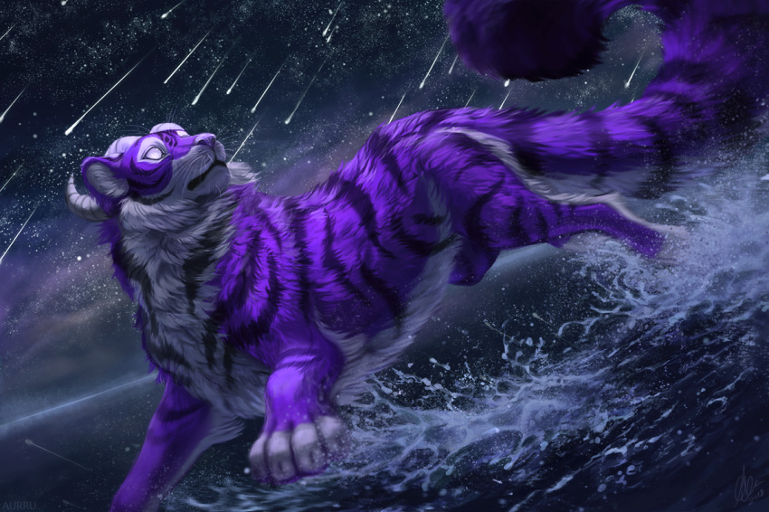 2018 aurru digital_media_(artwork) feline feral fur hybrid mammal night paws purple_eyes purple_fur purple_nose sky solo star starry_sky striped_fur stripes tiger water whiskers