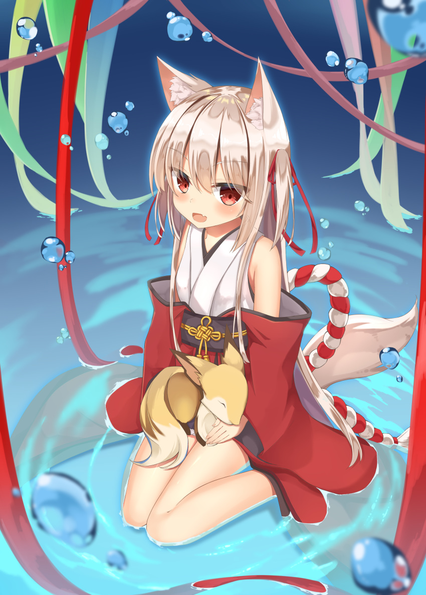 :d absurdres animal animal_ear_fluff animal_ears aroma0501 bangs bare_shoulders blush commentary_request eyebrows_visible_through_hair fang fox fox_ears fox_tail hair_between_eyes hair_ribbon highres japanese_clothes kimono light_brown_hair long_hair long_sleeves looking_at_viewer obi open_mouth original red_eyes red_kimono red_ribbon ribbon sash sitting sleeveless sleeveless_kimono smile solo tail two_side_up very_long_hair wariza water water_drop white_kimono wide_sleeves