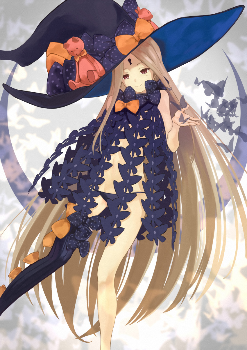 abigail_williams_(fate/grand_order) absurdres asymmetrical_legwear black_bow black_hat black_legwear black_panties bow breasts commentary_request fate/grand_order fate_(series) hat hat_bow highres keyhole long_hair orange_bow panties red_eyes revealing_clothes single_thighhigh skull_print small_breasts smile solo stuffed_animal stuffed_toy teddy_bear thighhighs topless underwear very_long_hair witch_hat