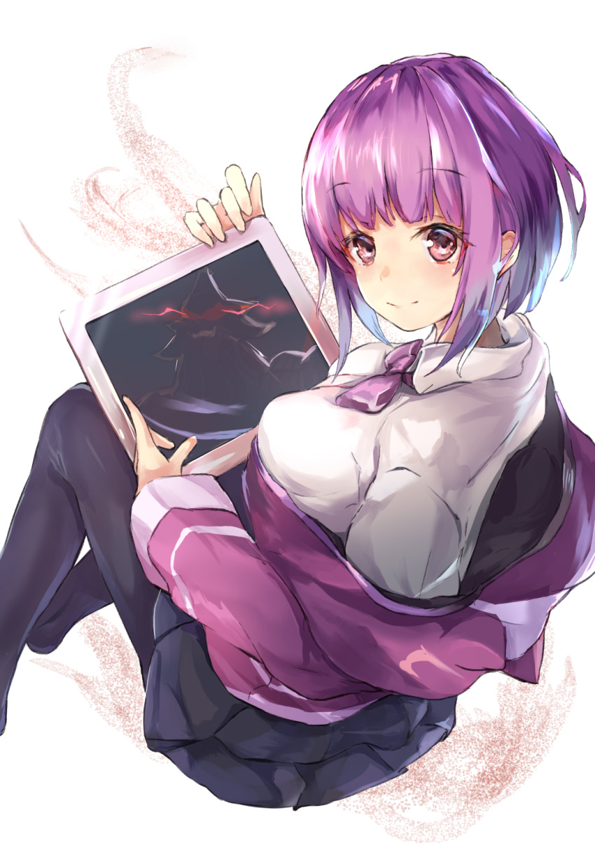 alexis_(ssss.gridman) black_legwear black_skirt blush bow breasts closed_mouth collared_shirt commentary_request hanagin head_tilt highres holding jacket looking_at_viewer looking_to_the_side medium_breasts off_shoulder pantyhose pleated_skirt purple_bow purple_hair purple_jacket red_eyes shinjou_akane shirt short_hair sitting skirt smile solo ssss.gridman tablet white_shirt