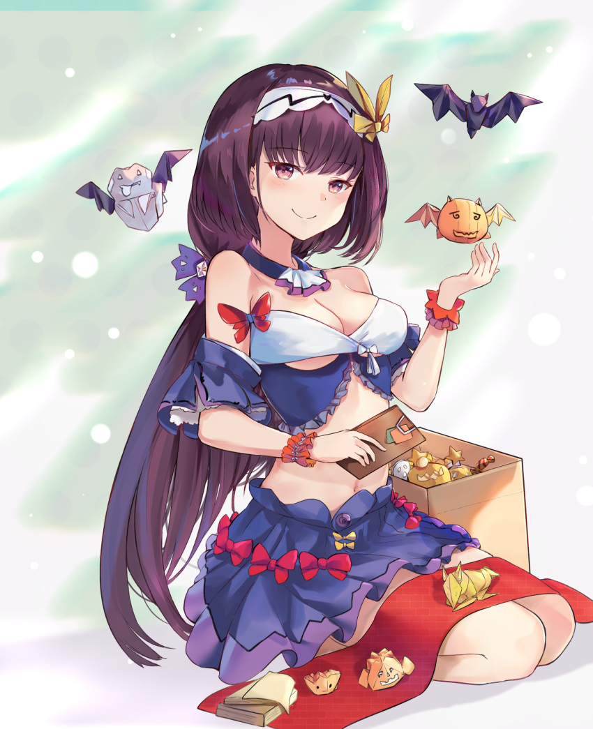 bangs bare_shoulders bat blue_skirt blush bow breasts cleavage closed_mouth crop_top detached_collar detached_sleeves eyebrows_visible_through_hair fate/grand_order fate_(series) frilled_cuffs frills full_body hair_bow hair_intakes hairband hand_up highres holding long_hair looking_at_viewer low-tied_long_hair medium_breasts midriff miniskirt mosta_(lo1777789) navel origami osakabe-hime_(fate/grand_order) pumpkin purple_bow purple_eyes purple_hair red_bow seiza short_sleeves sitting skirt smile solo underboob unmoving_pattern very_long_hair wrist_cuffs yellow_bow