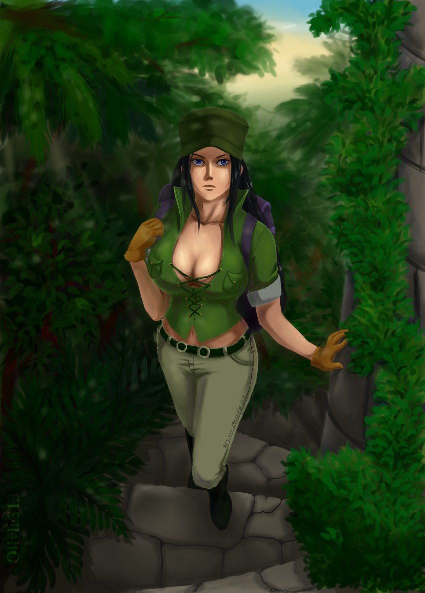 backpack bag belt black_hair blue_eyes boots breasts cap cleavage fanart_from_deviantart female forest gloves hat high_resolution large_breasts long_hair nature nico_robin olivia313 one_piece outdoors ruins shoes solo stairs tree very_high_resolution walking