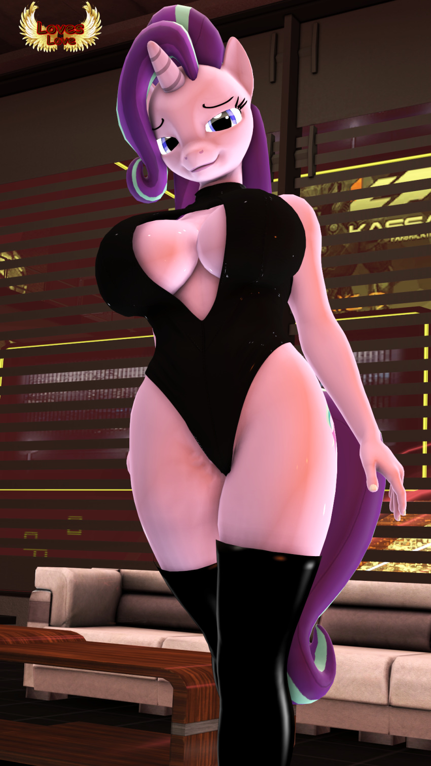 2018 3d_(artwork) anthro anthrofied bedroom_eyes blue_eyes breasts cleavage clothed clothing digital_media_(artwork) equine female friendship_is_magic hair half-closed_eyes horn legwear leotard looking_at_viewer loveslove mammal my_little_pony pose purple_hair rubber seductive solo source_filmmaker starlight_glimmer_(mlp) stockings unicorn