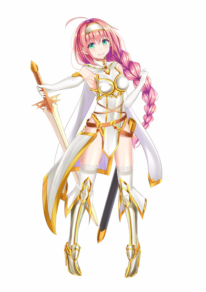 absurdres armor armored_boots armpits blush boots breasts covered_navel elbow_gloves floating_hair full_body gloves green_eyes hairband high_heel_boots high_heels highres holding holding_sword holding_weapon knee_boots long_hair medium_breasts original pink_hair sheath simple_background smile solo standing sword thighhighs tsuchinoko1026 unsheathed very_long_hair weapon white_background white_gloves white_hairband white_legwear