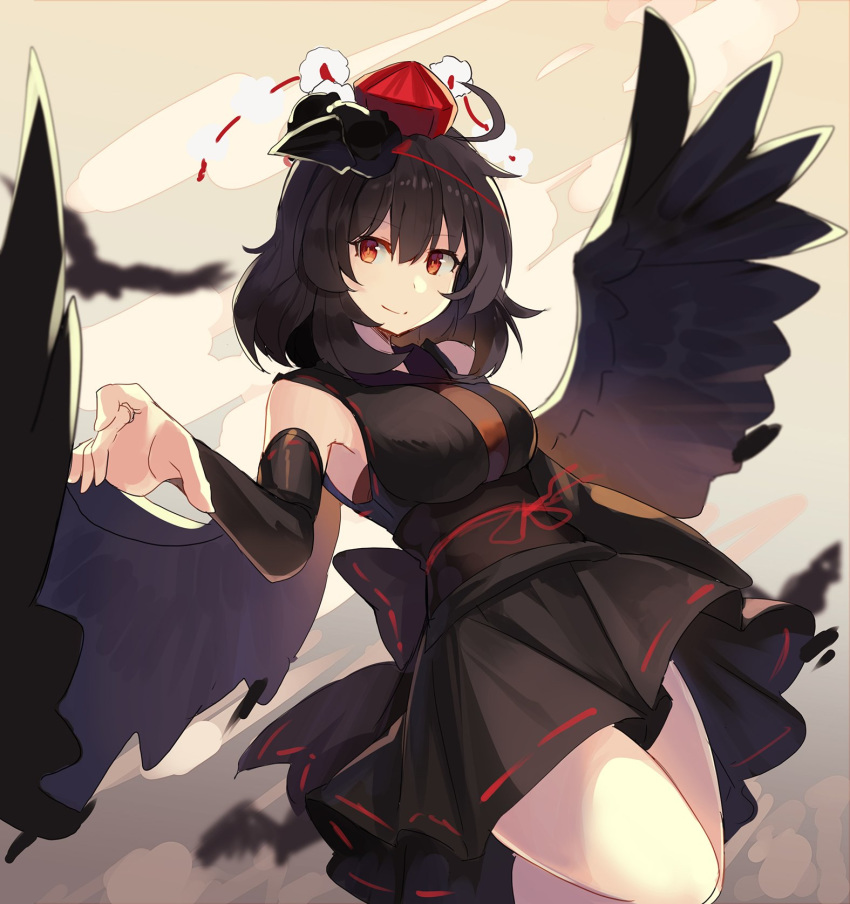 ahoge bangs bare_shoulders beige_background black_hair black_hat black_kimono black_sash black_skirt black_wings breasts cloud commentary_request detached_sleeves eyebrows_visible_through_hair feathered_wings hair_between_eyes hat highres japanese_clothes kimono large_breasts looking_at_viewer mini_hat miniskirt obi pom_pom_(clothes) red_eyes ribbon-trimmed_skirt ribbon_trim rin_falcon sarashi sash shameimaru_aya short_hair simple_background skirt sleeveless sleeveless_kimono smile solo tassel thighs tokin_hat touhou wings