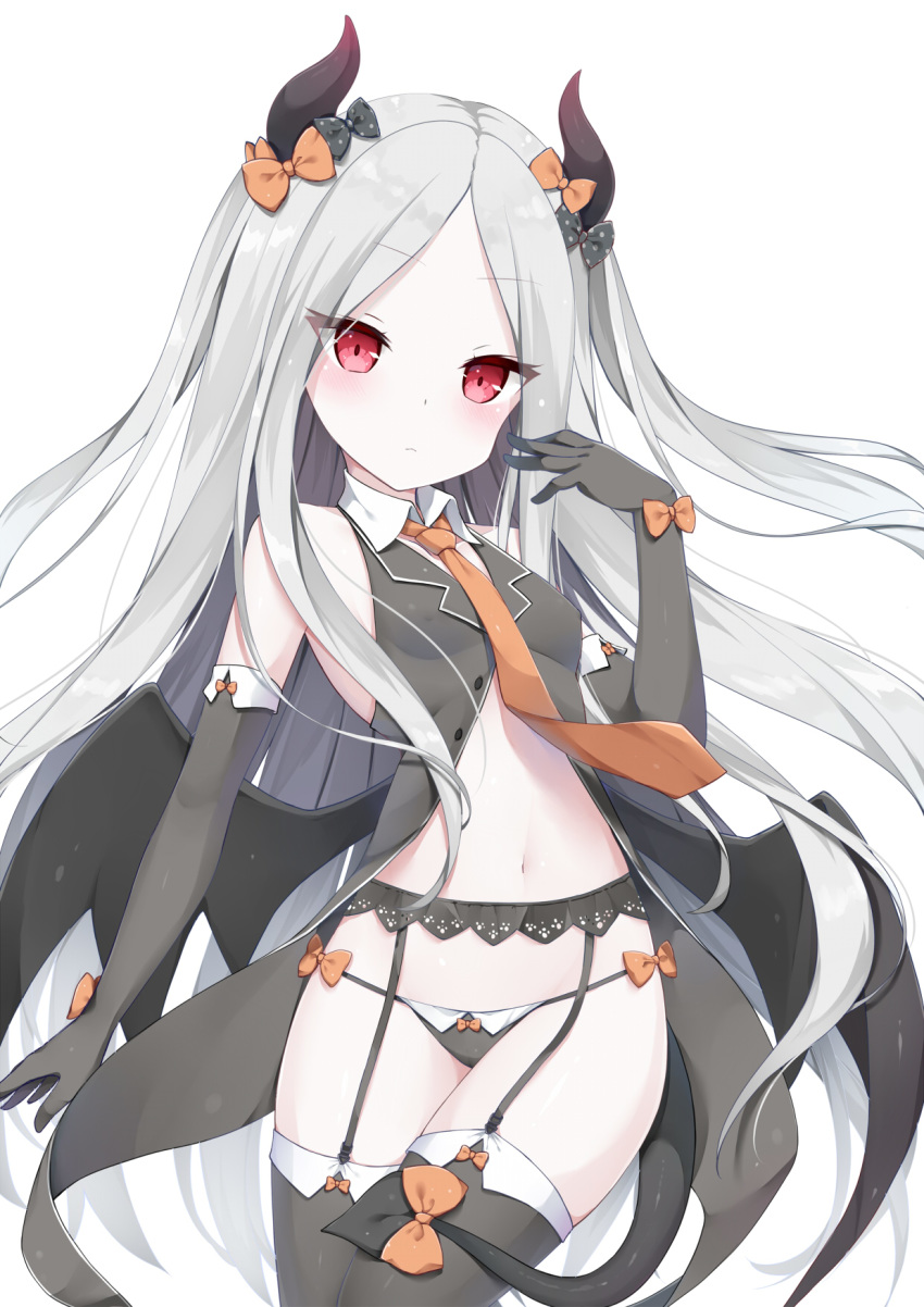 abigail_williams_(fate/grand_order) bangs black_bow black_dress black_gloves black_legwear black_panties black_wings blush bow bow_panties breasts closed_mouth collarbone commentary_request demon_girl demon_horns demon_tail demon_wings dress elbow_gloves eyebrows_visible_through_hair fate/grand_order fate_(series) forehead garter_belt gloves hair_bow hand_up head_tilt highres horns kamu_(geeenius) long_hair navel necktie orange_bow orange_neckwear panties parted_bangs polka_dot polka_dot_bow red_eyes silver_hair simple_background small_breasts solo tail tail_bow thighhighs underwear very_long_hair white_background wings