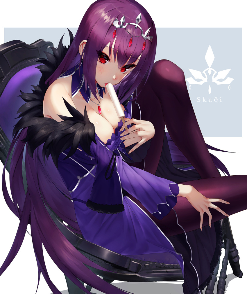 bangs bare_shoulders black_legwear blue_background blush breasts brown_legwear chair cleavage commentary_request detached_collar dress eyebrows_visible_through_hair eyelashes eyeshadow fate/grand_order fate_(series) feather_trim feet_out_of_frame fingernails food fur_trim grey_background hair_between_eyes head_tilt headpiece highres holding holding_food jewelry knee_up large_breasts licking long_hair long_sleeves looking_at_viewer makeup medium_breasts off-shoulder_dress off_shoulder on_chair pantyhose parted_lips pendant popsicle purple_dress purple_hair red_eyes scathach_(fate)_(all) scathach_skadi_(fate/grand_order) shadow sidelocks sitting solo sukocchi thighs tiara tongue tongue_out two-tone_background very_long_hair white_background wide_sleeves