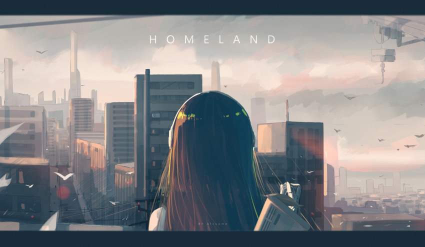 alcxome artist_name assault_rifle bird brown_hair building cityscape cloud cloudy_sky commentary from_behind girls_frontline gloves gun headphones headset highres holding_strap letterboxed long_hair m4_carbine m4a1_(girls_frontline) multicolored_hair power_lines rifle road scenery sky streaked_hair street text_focus tower weapon