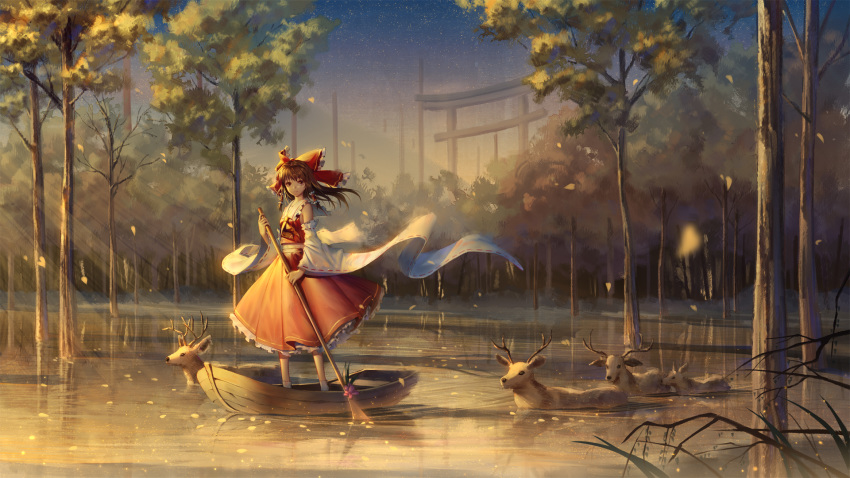 animal ascot boat bow brown_hair chinese_commentary commentary_request detached_sleeves floating_hair forest hair_bow hair_tubes hakurei_reimu highres ji_dao_ji light_rays long_hair looking_at_viewer midriff nature night oar outdoors partial_commentary red_bow red_skirt red_vest reflection reindeer ribbon-trimmed_sleeves ribbon_trim ripples sidelocks skirt skirt_set sky socks solo standing star_(sky) starry_sky sunbeam sunlight torii touhou tree vest water watercraft white_legwear wide_sleeves wind yellow_neckwear