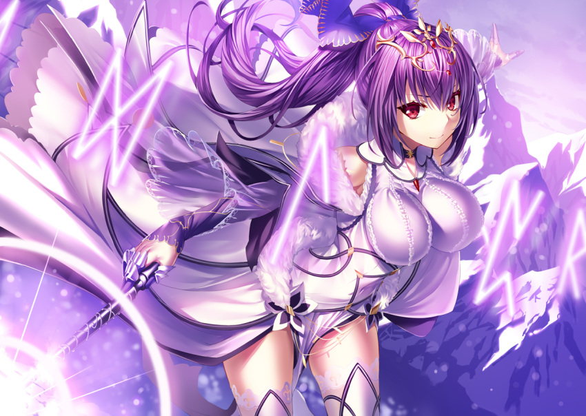 breasts closed_mouth commentary_request cowboy_shot dress fate/grand_order fate_(series) hair_ribbon heirou holding holding_wand impossible_clothes impossible_shirt large_breasts long_hair looking_at_viewer ponytail purple purple_hair purple_ribbon red_eyes ribbon runes scathach_(fate)_(all) scathach_skadi_(fate/grand_order) shirt smile solo thighhighs tiara wand white_dress white_legwear zettai_ryouiki