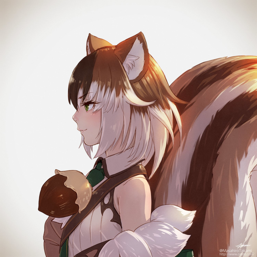 acorn animal_ear_fluff animal_ears backlighting bare_shoulders brown_hair check_commentary clothing_request collared_shirt commentary_request detached_sleeves eyebrows_visible_through_hair green_eyes green_neckwear highres large_tail light_smile long_sleeves medium_hair monster_girl_encyclopedia multicolored_hair necktie oversized_object profile ratatoskr_(monster_girl_encyclopedia) shirt sidelocks sleeves solo squirrel_ears squirrel_tail strap streaked_hair striped_tail tail takami_masahiro twitter_username watermark web_address white_background white_hair