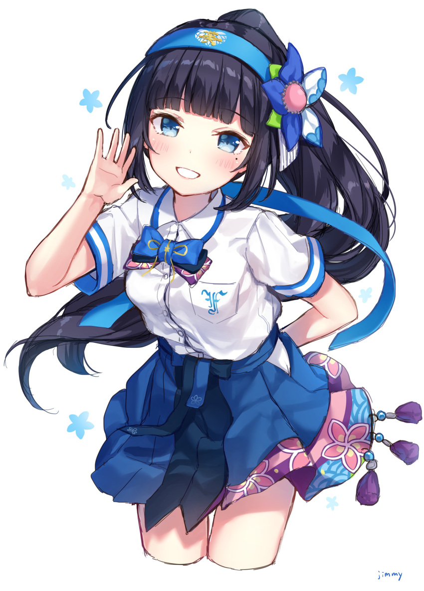 absurdres aoi_ch. arm_behind_back bangs black_hair blue_eyes blue_hairband blue_hakama blunt_bangs blush cropped_legs dress_shirt floating_hair fuji_aoi grin hair_ornament hairband hakama hakama_skirt highres japanese_clothes jimmy long_hair looking_at_viewer mole mole_under_eye ponytail shiny shiny_hair shirt short_sleeves simple_background smile solo very_long_hair virtual_youtuber white_background white_shirt