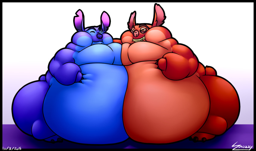 2015 alien black_border blue_claws blue_fur blue_nose border claws digital_drawing_(artwork) digital_media_(artwork) disney duo experiment_(species) eyes_closed fur grin hand_on_stomach head_tuft leroy_(lilo_&amp;_stitch) lilo_and_stitch morbidly_obese notched_ear obese overweight pink_nose red_claws red_eyes red_fur signature simple_background small_tail smile snozzy stitch tuft white_background