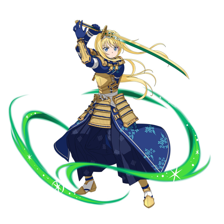 alice_schuberg armor blonde_hair blue_eyes blue_gloves blue_hakama breastplate faulds floating_hair full_body gloves hakama highres holding holding_sword holding_weapon japanese_armor japanese_clothes katana long_hair looking_at_viewer official_art samurai simple_background solo standing sword sword_art_online sword_art_online:_code_register very_long_hair weapon white_background