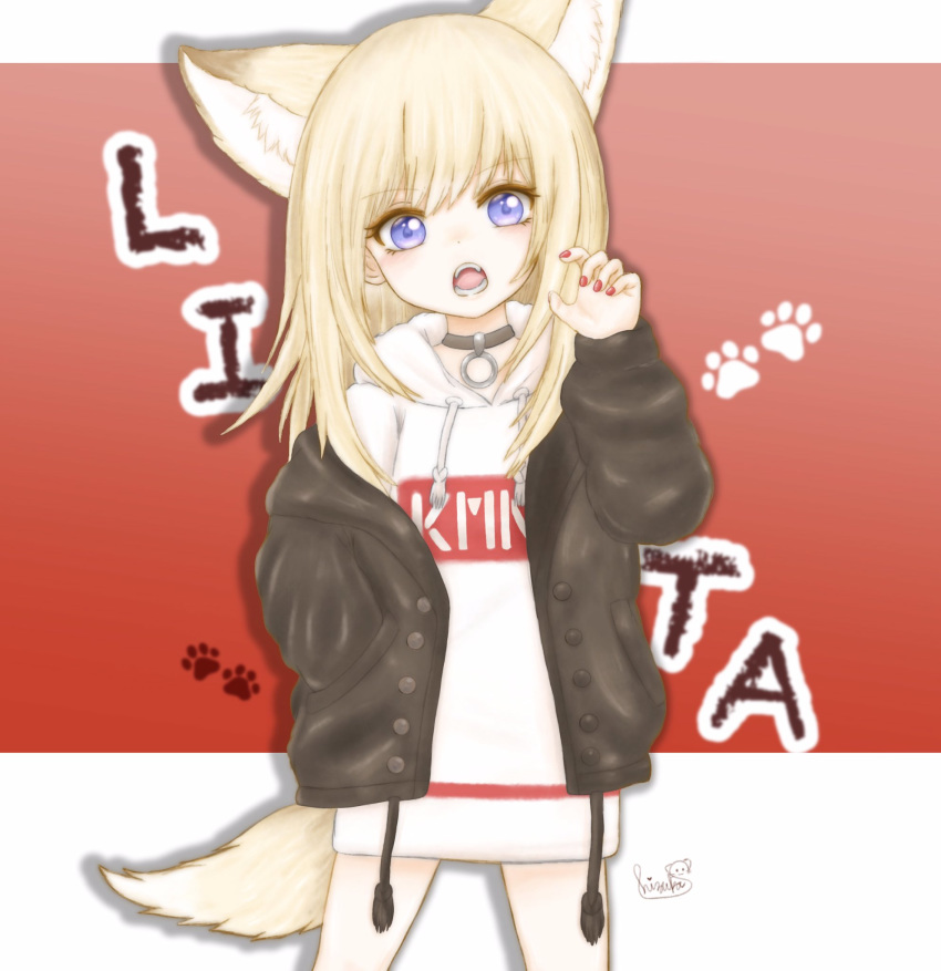 :o animal_ears black_jacket blonde_hair blue_eyes character_name claw_pose dog_ears dog_tail gradient gradient_background hand_in_pocket highres hood hoodie jacket kmnz long_hair long_sleeves mc_lita no_pants open_clothes open_jacket paw_background red_background shizu_(huuhime0531) signature simple_background tail virtual_youtuber white_background white_hoodie