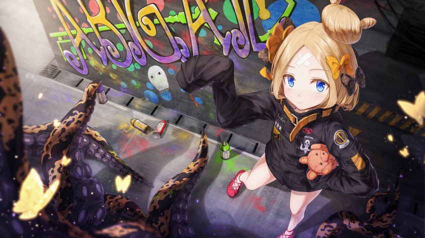 abigail_williams_(fate/grand_order) animal blonde_hair blue_eyes bow boyogo butterfly fate/grand_order fate_(series) graffiti loli teddy_bear tentacles