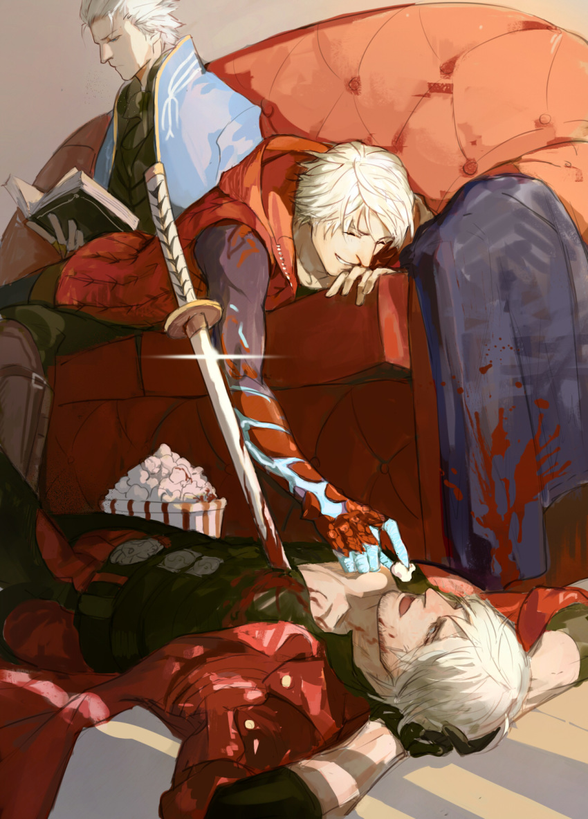 akumey blood blood_on_face bloody_clothes bloody_weapon blue_coat book boots coat couch dante_(devil_may_cry) devil_may_cry devil_may_cry_4 feeding food gloves hand_behind_head highres katana lens_flare lying medium_hair multiple_boys nero_(devil_may_cry) open_mouth popcorn reading red_coat sitting smile spiked_hair stabbed sword vergil weapon white_hair