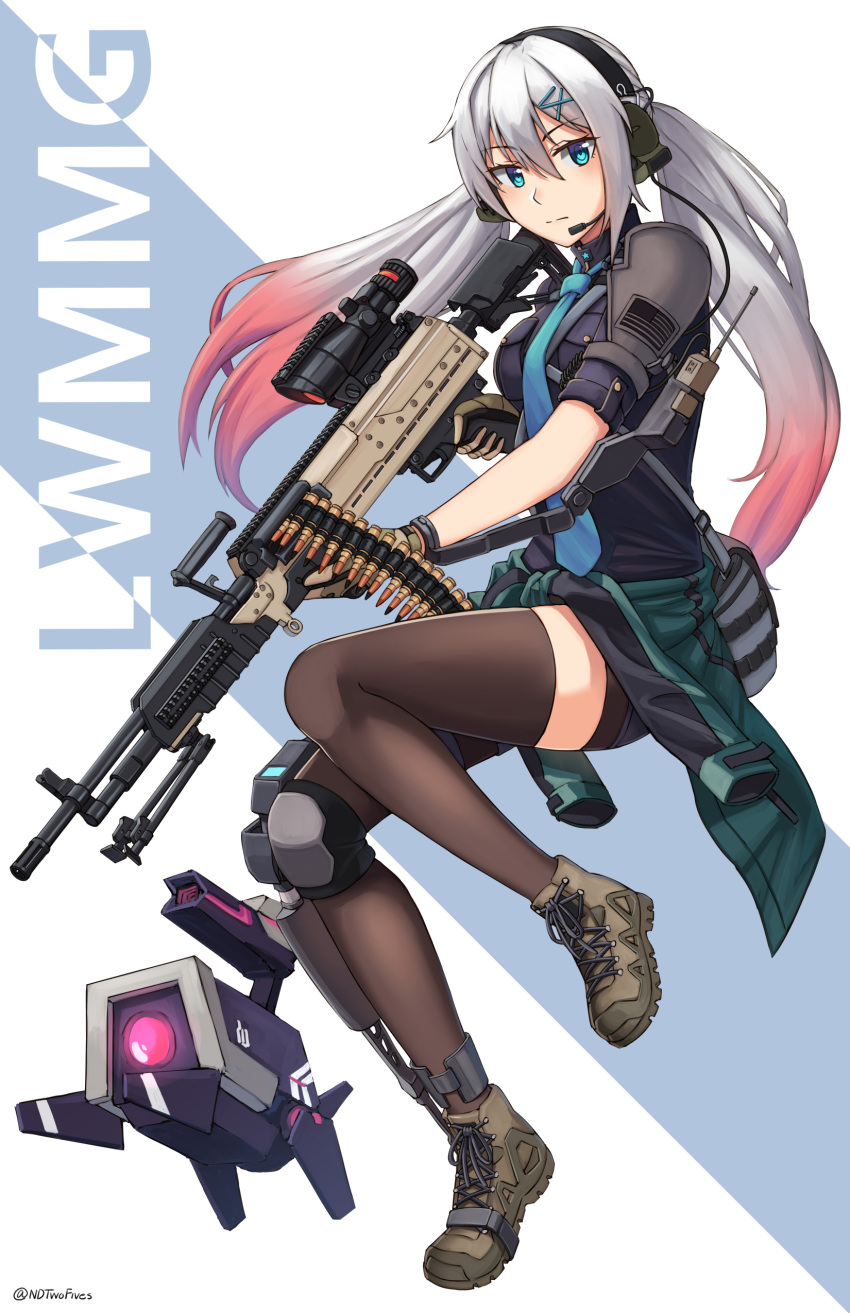 absurdres blue_eyes boots character_name combat_boots commentary_request dinergate_(girls_frontline) dress_shirt exoskeleton girls_frontline gloves gradient_hair gun headphones highres light_machine_gun long_hair looking_at_viewer lwmmg_(girls_frontline) machine_gun mod3_(girls_frontline) multicolored_hair ndtwofives necktie red_hair shirt trigger_discipline twintails weapon white_hair