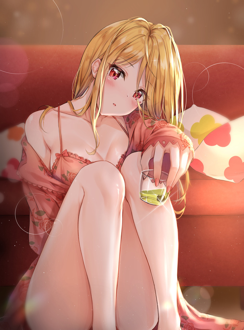 ass bangs bare_legs bare_shoulders blonde_hair blurry blush bra breasts cleavage collarbone commentary_request convenient_leg couch cuna_(qunya) cup depth_of_field dress drink drinking_glass eyebrows_visible_through_hair floral_print frilled_bra frills glint head_tilt highres holding holding_cup idolmaster idolmaster_million_live! knees_up large_breasts light_particles long_hair long_sleeves looking_at_viewer momose_rio nail_polish off_shoulder parted_lips pillow pink_bra pink_dress pink_nails red_eyes sidelocks sitting sleeves_past_wrists solo thighs underwear