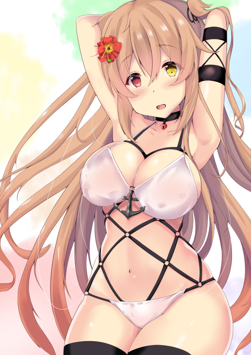 anchor armpits arms_behind_head black_legwear blush bra breasts choker cleavage collarbone flower hair_flaps hair_flower hair_ornament heart_lock_(kantai_collection) heterochromia highres kantai_collection large_breasts light_brown_hair long_hair looking_at_viewer murasame_(kantai_collection) navel open_mouth panties purunyara rainbow_background red_eyes remodel_(kantai_collection) sidelocks skindentation solo thighhighs two_side_up underwear upper_body very_long_hair white_bra white_panties yellow_eyes