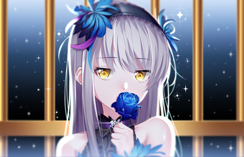 bang_dream! bangs bare_shoulders black_dress black_hairband blue_flower blue_rose blurry blurry_background choker commentary covered_mouth depth_of_field dress english_commentary eyebrows_visible_through_hair flower hair_between_eyes hair_flower hair_ornament hairband hand_up highres holding holding_flower lace lace-trimmed_hairband lace_trim long_hair looking_at_viewer minato_yukina portrait purple_choker rose silver_hair sleeveless sleeveless_dress solo sparkle the_cold very_long_hair yellow_eyes