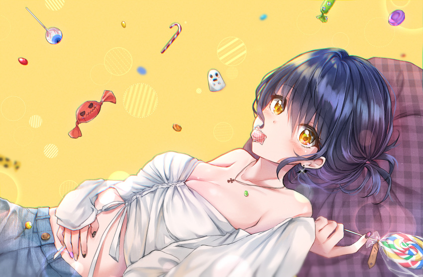 bangs bare_shoulders black_hair blush breasts buttons candy candy_cane candy_wrapper checkered chromatic_aberration cleavage collarbone commentary crop_top cuna_(qunya) denim denim_shorts earrings eyebrows_visible_through_hair food front-tie_top glint hair_between_eyes hand_on_own_stomach hand_up highres holding_lollipop jewelry lollipop long_sleeves looking_at_viewer lying medium_breasts midriff mouth_hold multicolored multicolored_nails nail_polish necklace off_shoulder on_back original pillow shirt short_hair shorts sidelocks sleeves_past_wrists solo stomach swirl_lollipop symbol_commentary white_shirt yellow_background yellow_eyes