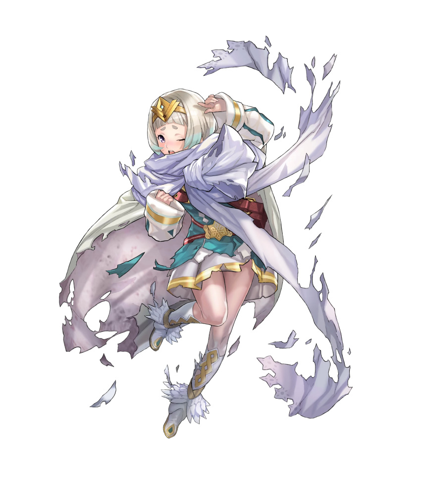 belt blue_hair boots cape detached_sleeves dress feather_trim fire_emblem fire_emblem_heroes full_body gradient gradient_hair hair_ornament highres jewelry leg_up long_sleeves maeshima_shigeki multicolored_hair official_art one_eye_closed open_mouth short_dress short_hair sleeves_past_wrists solo tiara torn_clothes transparent_background white_hair ylgr_(fire_emblem_heroes)