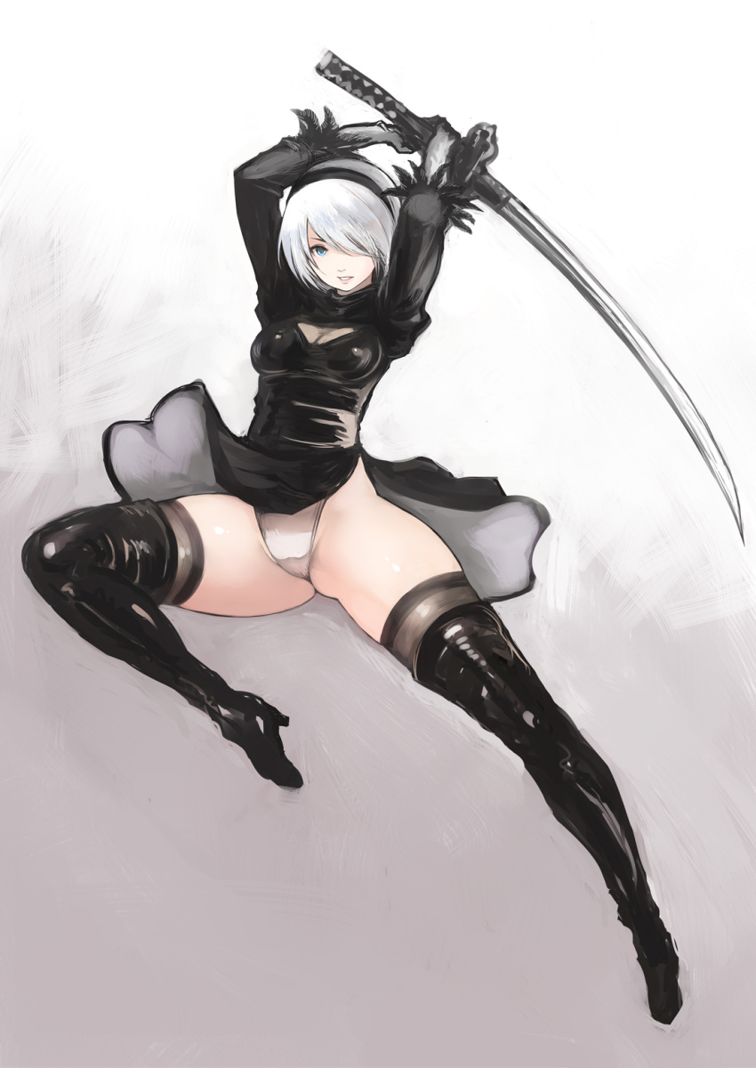 black_gloves black_legwear blue_eyes boots breasts cleavage commentary_request dress fighting_stance gloves hairband highres johan_(johan13) jumping leotard leotard_under_clothes nier_(series) nier_automata short_hair simple_background sword thigh_boots thighhighs thighs weapon white_background white_hair white_leotard wind wind_lift yorha_no._2_type_b