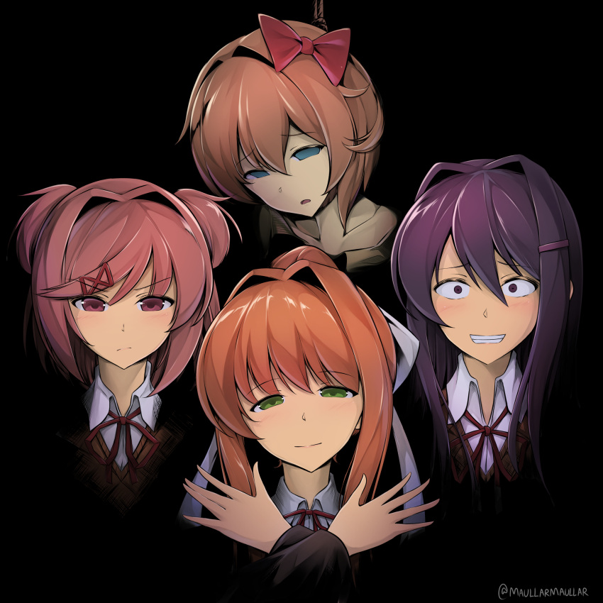 :/ album_cover bangs bohemian_rhapsody bow brown_hair commentary constricted_pupils cover crazy_eyes crossed_arms death doki_doki_literature_club double_bun empty_eyes english_commentary eyebrows_visible_through_hair green_eyes grin hair_bow hair_intakes hair_ornament hair_ribbon hairclip highres light_smile looking_at_viewer lyrics maullarmaullar monika_(doki_doki_literature_club) multiple_girls natsuki_(doki_doki_literature_club) noose parody pink_eyes pink_hair ponytail purple_eyes purple_hair queen_(band) ribbon rope sayori_(doki_doki_literature_club) school_uniform smile spoilers suicide swept_bangs x_hair_ornament yandere yuri_(doki_doki_literature_club)