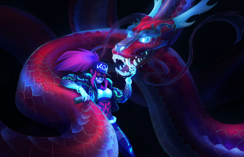 2018 5_fingers akali_(lol) anthro antlers blue_eyes breasts clothed clothing digital_media_(artwork) dragon duo eastern_dragon female feral hair horn human league_of_legends mammal midriff navel open_mouth purple_hair riot_games scales smile spraypaint standing teeth tongue turnipberry video_games