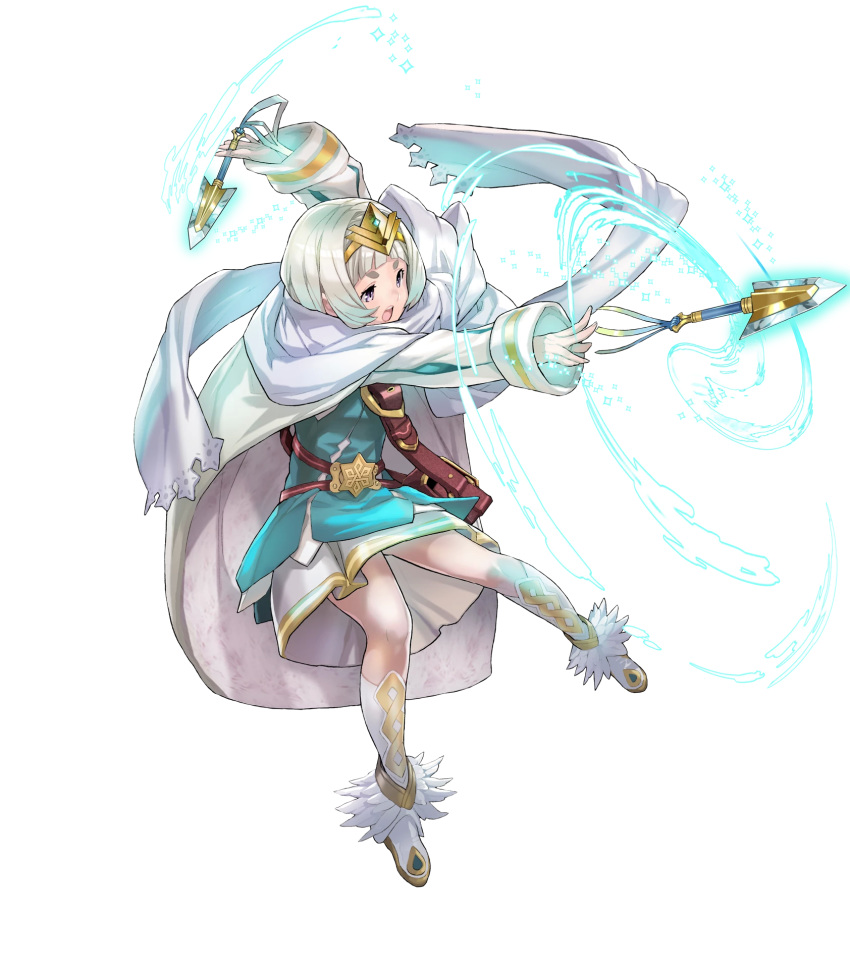 bag belt blue_hair boots cape dagger detached_sleeves dress feather_trim fire_emblem fire_emblem_heroes full_body gradient gradient_hair hair_ornament highres holding holding_weapon jewelry long_sleeves maeshima_shigeki multicolored_hair official_art open_mouth shiny shiny_hair short_dress short_hair solo throwing tiara transparent_background weapon white_hair ylgr_(fire_emblem_heroes)