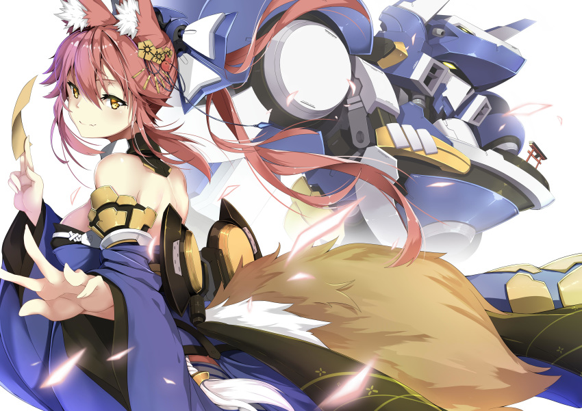 absurdres animal_ear_fluff animal_ears bare_shoulders blue_kimono breasts detached_sleeves fang fate/grand_order fate_(series) fox_ears fox_girl fox_tail highres japanese_clothes jie_laite kimono large_breasts mecha pink_hair robot simple_background solo tail tamamo_(fate)_(all) tamamo_no_mae_(fate) white_background yellow_eyes