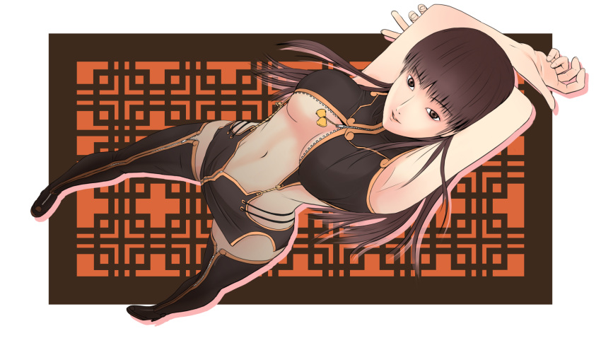 armpits arms_behind_head arms_up black_footwear black_hair breasts brown_eyes center_opening commentary_request dead_or_alive eyebrows_visible_through_hair hair_down highres lei_fang long_hair medium_breasts navel revealing_clothes simple_background smile solo underboob unzipped user_tggn7272 zipper