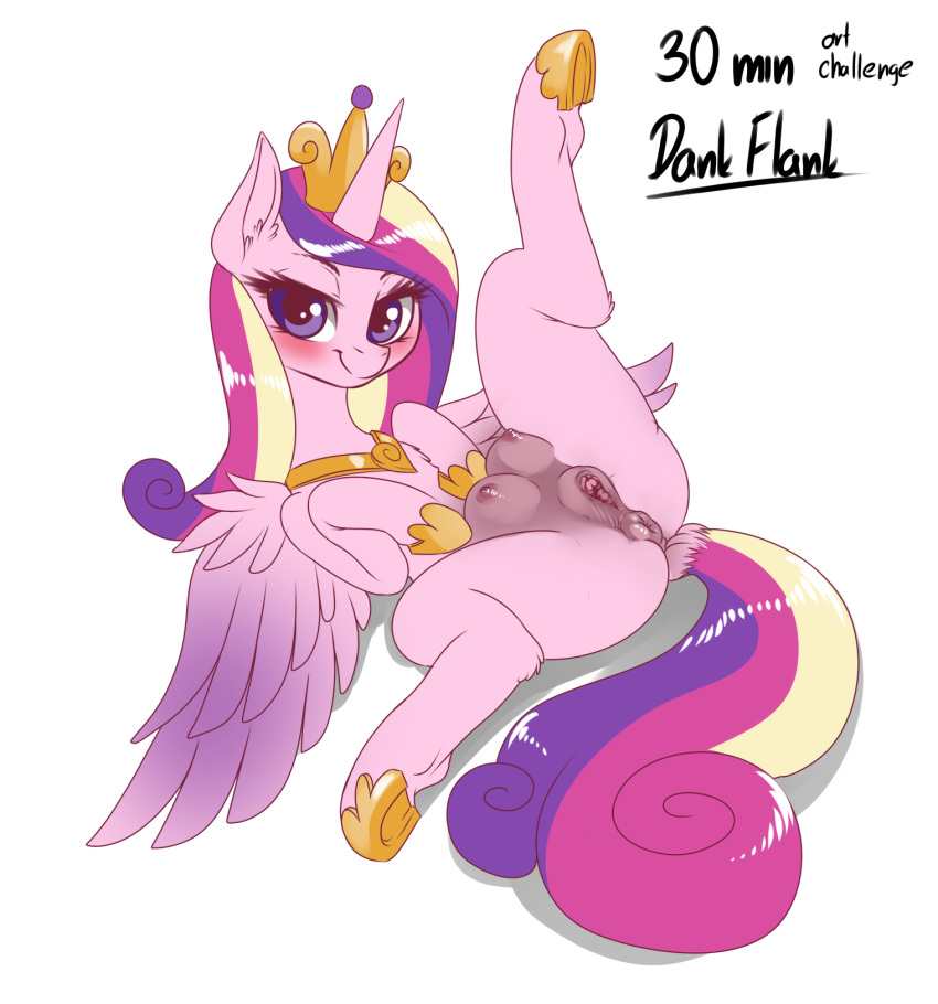 2018 anatomically_correct anatomically_correct_pussy anus blush clitoris dankflank english_text equine feathered_wings feathers female feral friendship_is_magic fur hi_res horn looking_at_viewer mammal my_little_pony nipples presenting princess_cadance_(mlp) pussy seductive simple_background smile solo spread_legs spreading teats text white_background winged_unicorn wings
