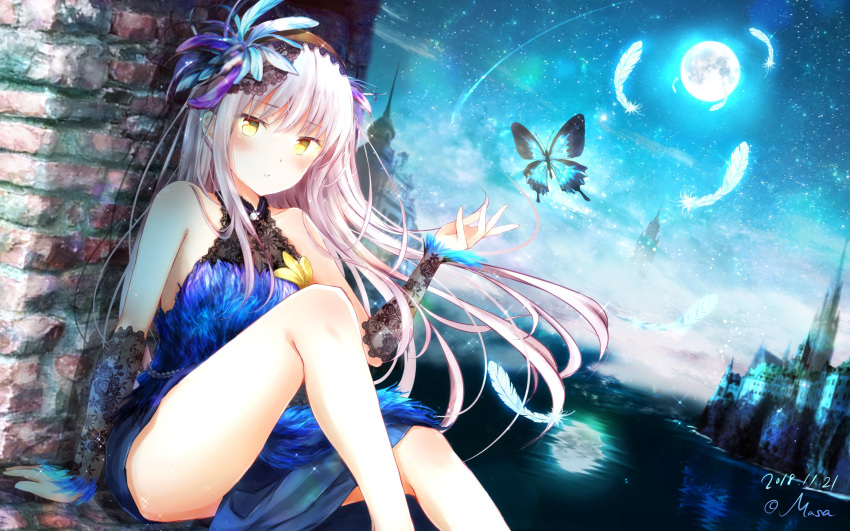 artist_name bang_dream! bare_shoulders blue_dress blue_flower blush bug butterfly collarbone commentary_request dated dress eyebrows_visible_through_hair feathers floral_print flower full_moon gothic_lolita hair_flower hair_ornament hairband hand_up highres insect lolita_fashion long_hair masa_(mirage77) minato_yukina moon night outdoors partial_commentary reflection silver_hair sitting sky solo star star_(sky) starry_sky thighs wallpaper yellow_eyes