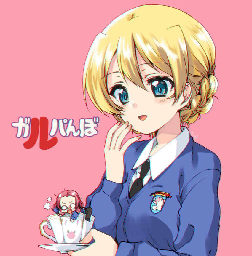 bangs black_legwear black_neckwear blonde_hair blue_eyes blue_skirt blue_sweater blurry braid chromatic_aberration climbing commentary cup darjeeling dress_shirt emblem eyebrows_visible_through_hair girls_und_panzer hand_to_own_mouth highres holding_saucer kuroi_mimei long_sleeves looking_at_another minigirl multiple_girls necktie o_o oishinbo open_mouth pantyhose parody pink_background red_hair rosehip saucer school_uniform shirt short_hair skirt smile st._gloriana's_(emblem) st._gloriana's_school_uniform steam sweater teacup tied_hair title_parody translated twin_braids v-neck white_shirt wing_collar