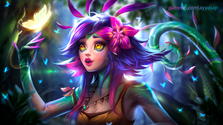 ayya_saparniyazova bare_shoulders blurry blurry_background breasts bug butterfly cleavage depth_of_field facial_mark flower glowing green_skin hair_flower hair_ornament hand_up insect jewelry jungle league_of_legends lizard_girl lizard_tail medium_breasts multicolored multicolored_hair multicolored_skin nature necklace neeko_(league_of_legends) parted_lips patreon_username pink_hair purple_hair shirt sleeveless sleeveless_shirt slit_pupils solo strap_slip tail upper_body yellow_eyes